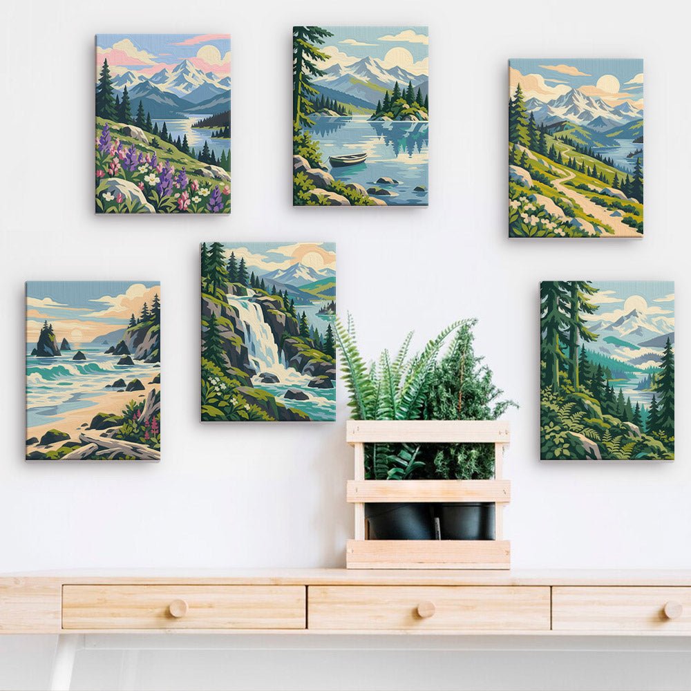 Pacific Northwest mini paintings displayed on a wall
