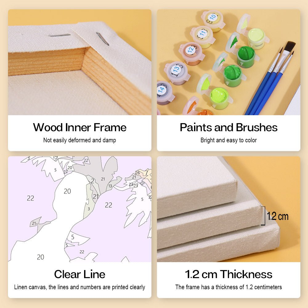 Wood inner frame, paints and brushes, clear lines, 1.2 cm thickness
