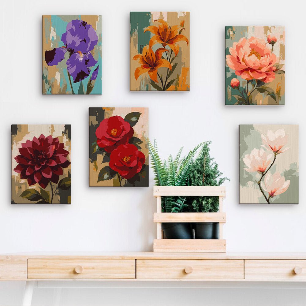 Painted Florals mini paintings displayed on a wall
