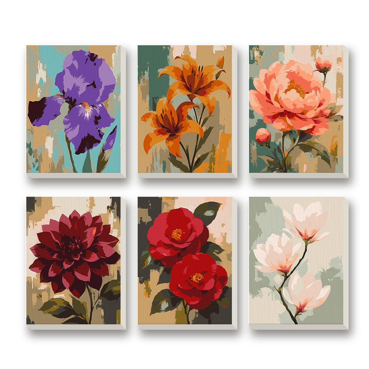 Painted Florals – set of 6 mini paint by numbers canvases
