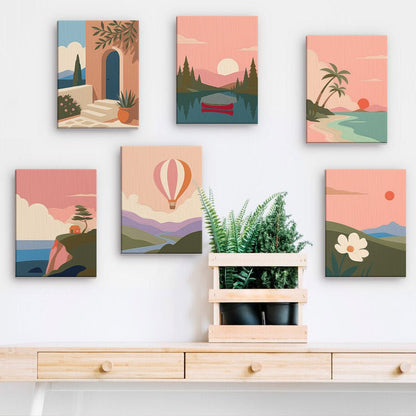 Pastel Horizons mini paintings displayed on a wall