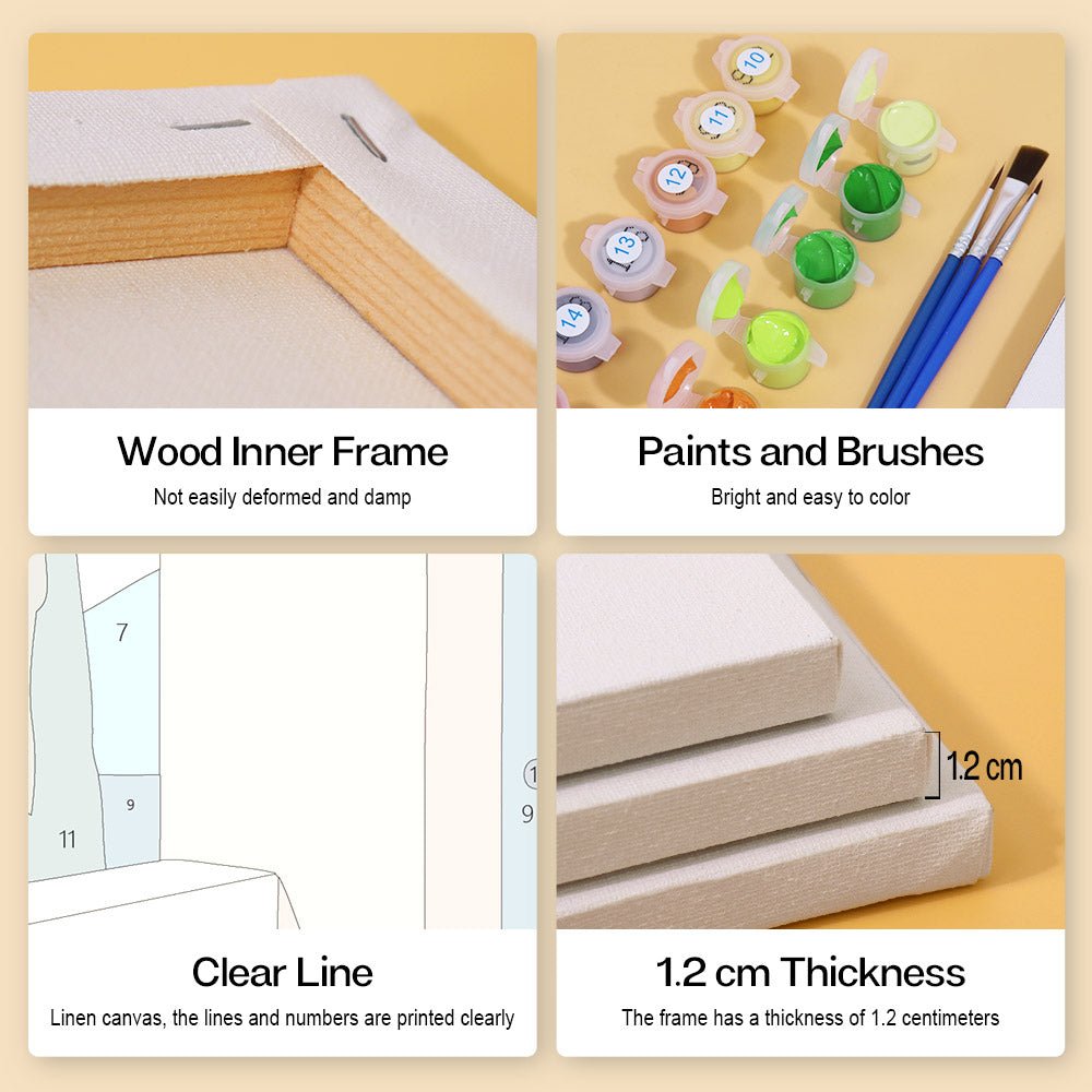 Wood inner frame, paints and brushes, clear lines, 1.2 cm thickness
