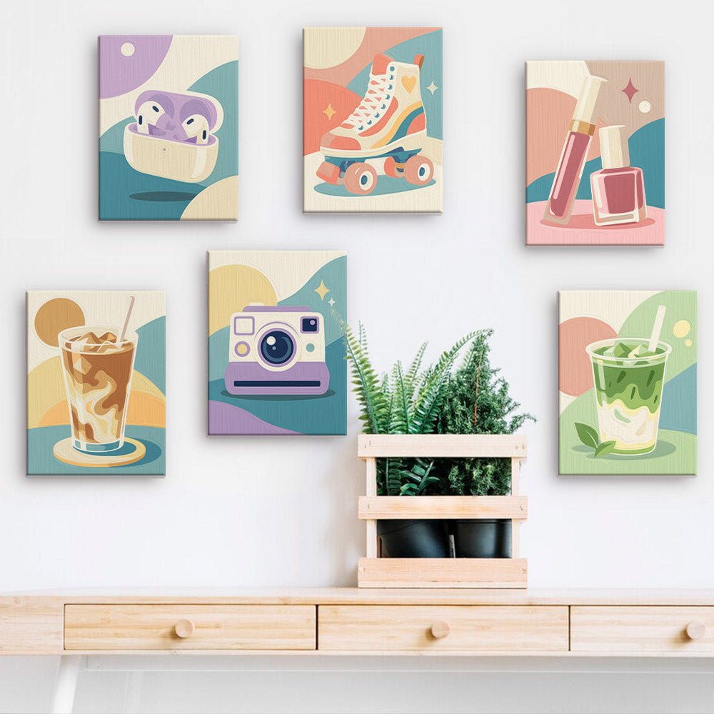 Pastel It Girl mini paintings displayed on a wall