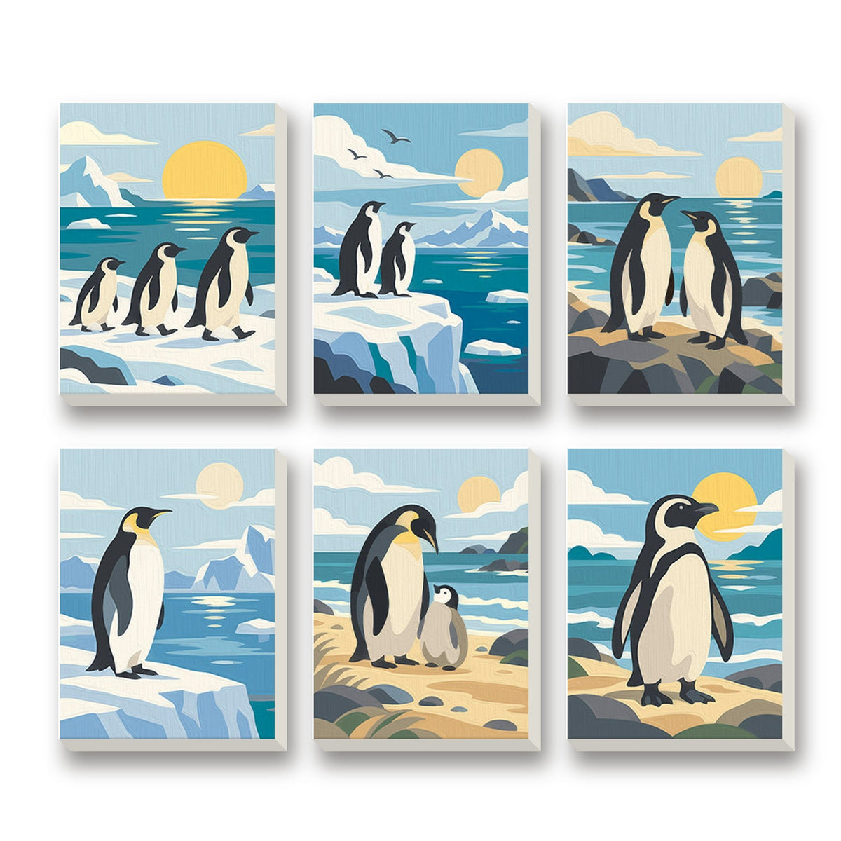 Penguin Parade – set of 6 mini paint by numbers canvases