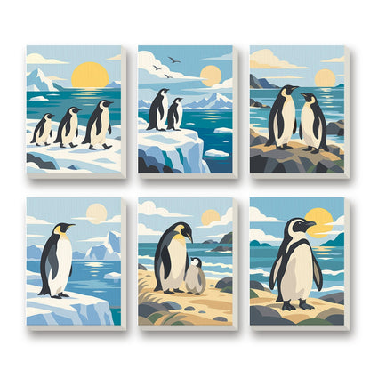 Penguin Parade – set of 6 mini paint by numbers canvases