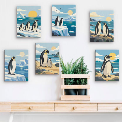 Penguin Parade mini paintings displayed on a wall
