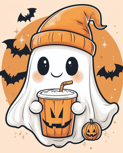 Playful Ghost with Pumpkin Cup - Halloween - Judy Paint