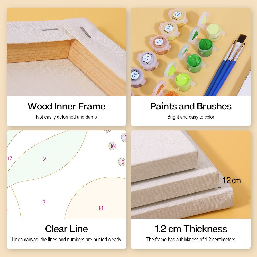 Wood inner frame, paints and brushes, clear lines, 1.2 cm thickness