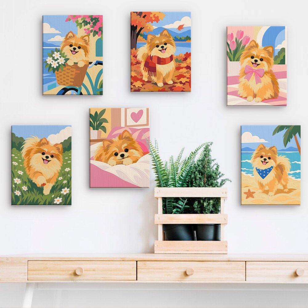 Pomeranian Love mini paintings displayed on a wall