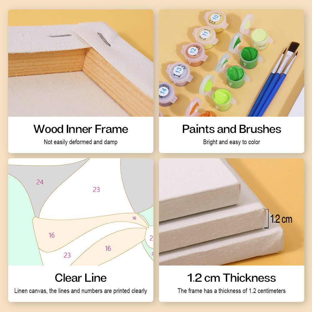 Wood inner frame, paints and brushes, clear lines, 1.2 cm thickness