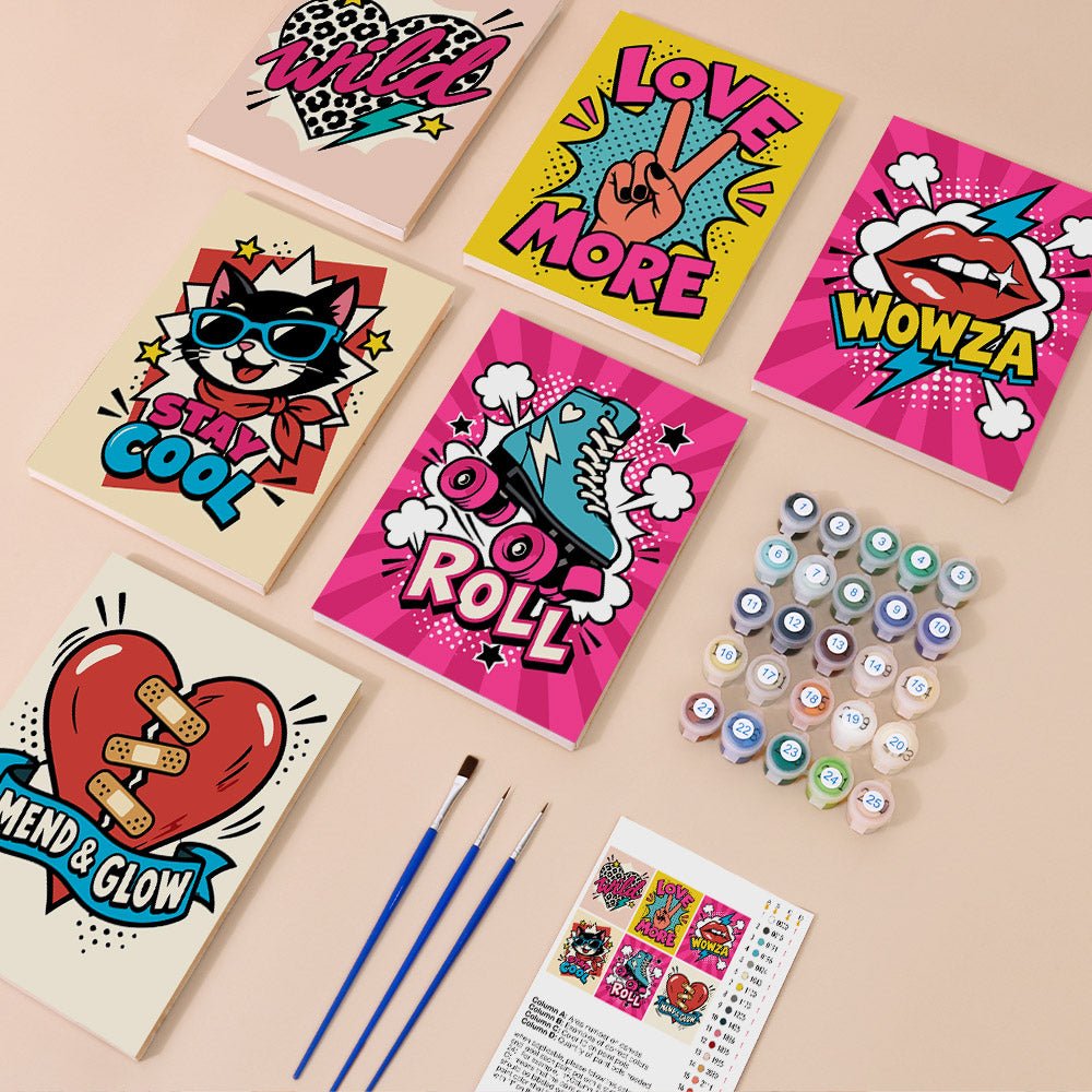 Everything in the Pop Art Slogans mini painting kit