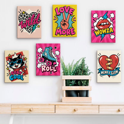 Pop Art Slogans mini paintings displayed on a wall