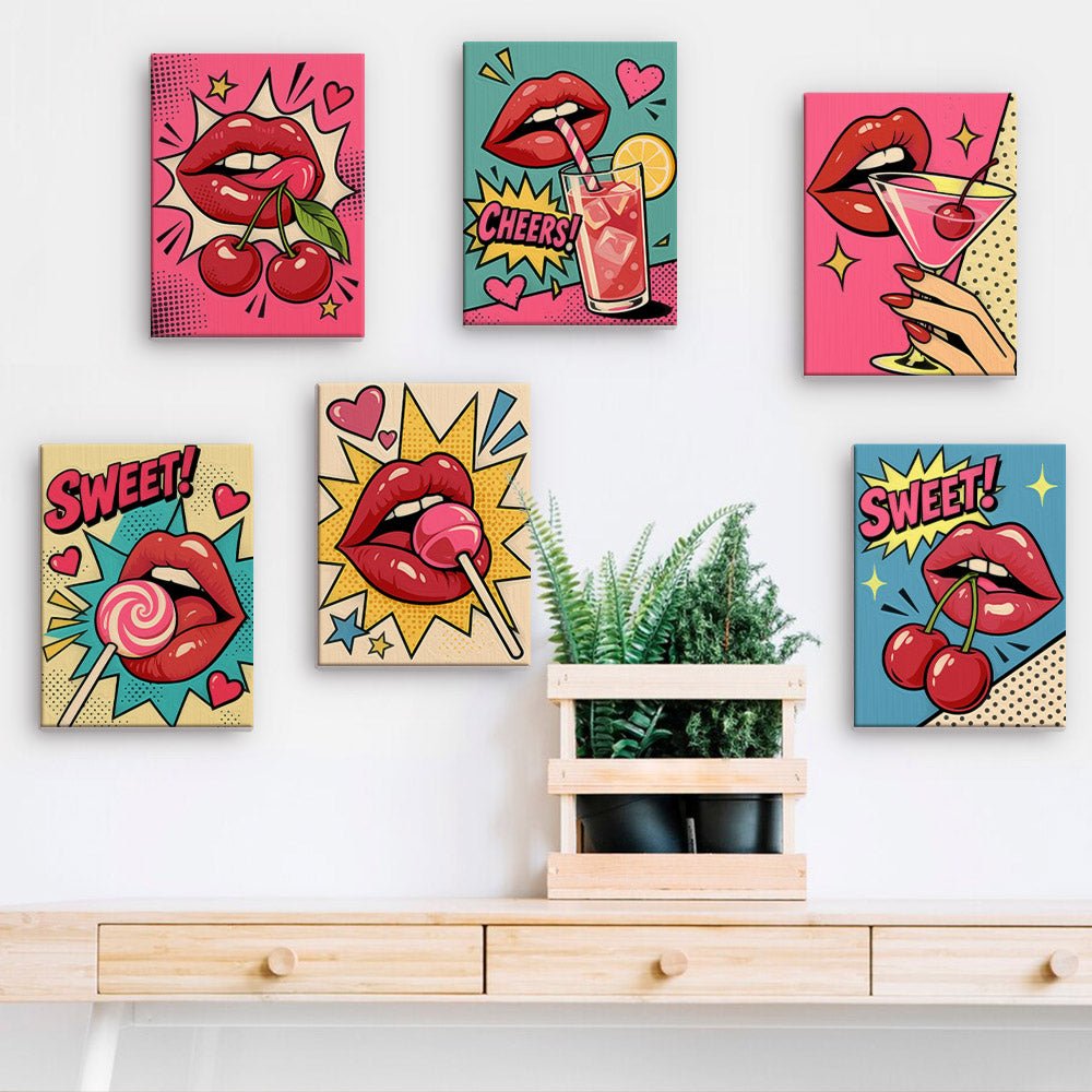 Pop Lips mini paintings displayed on a wall