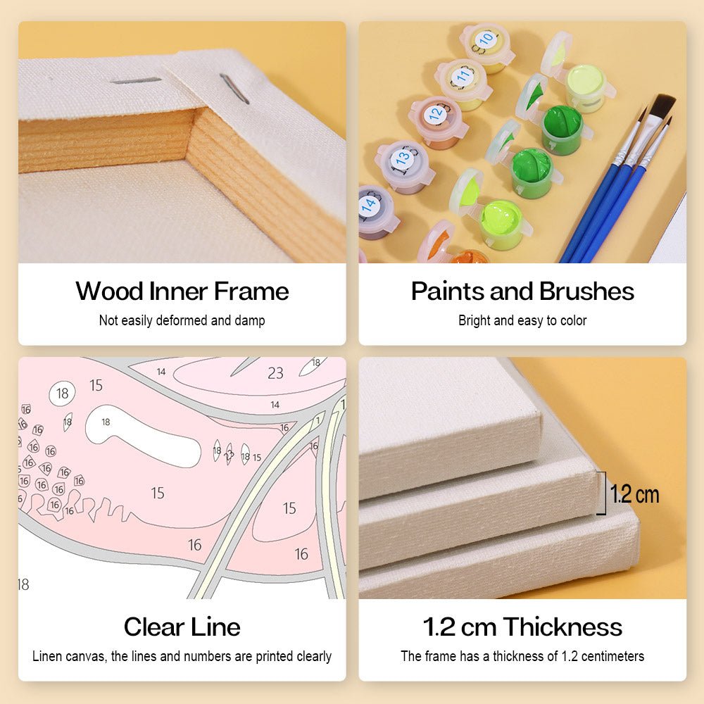 Wood inner frame, paints and brushes, clear lines, 1.2 cm thickness