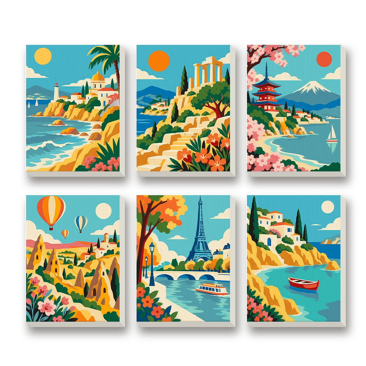 Postcard Destinations – set of 6 mini paint by numbers canvases