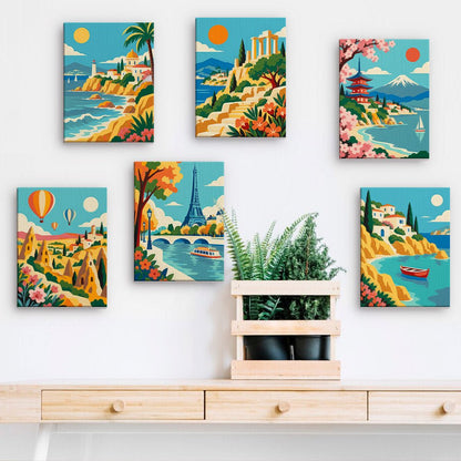 Postcard Destinations mini paintings displayed on a wall