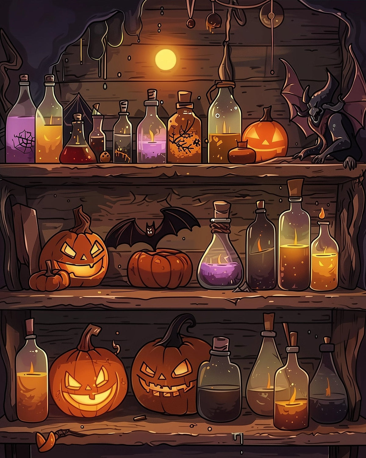 Potion Shelf and Pumpkins - Halloween - Judy Paint