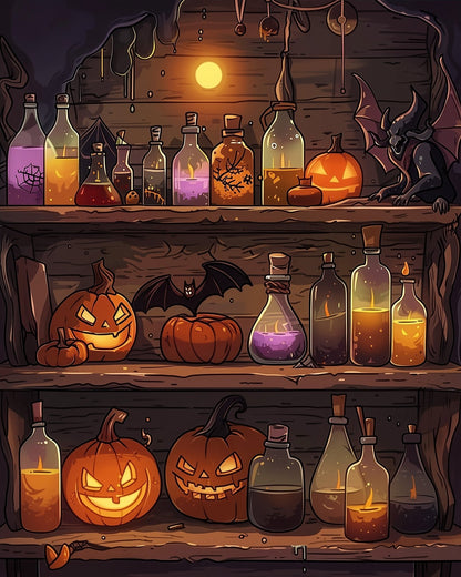 Potion Shelf and Pumpkins - Halloween - Judy Paint
