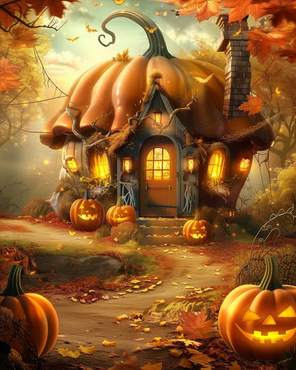 Pumpkin Cottage and Jack - O - Lanterns - Halloween - Judy Paint