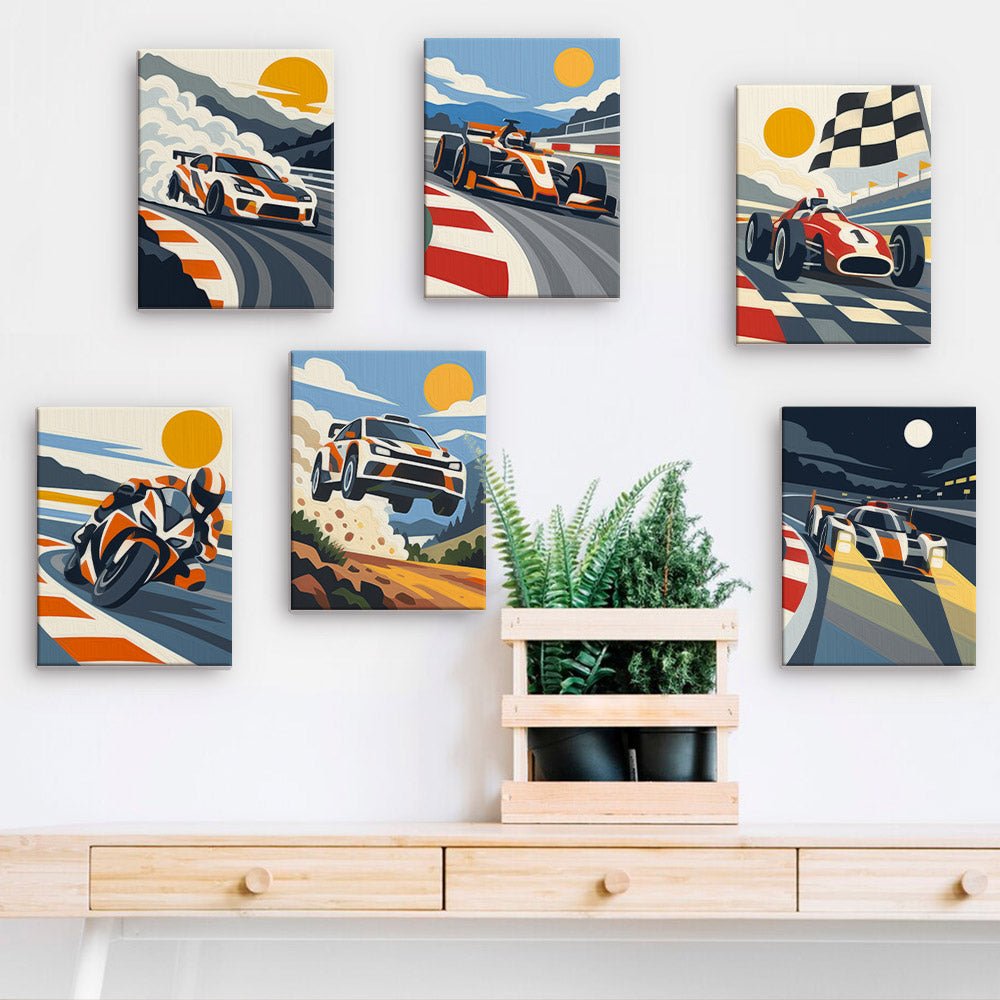 Race Day mini paintings displayed on a wall