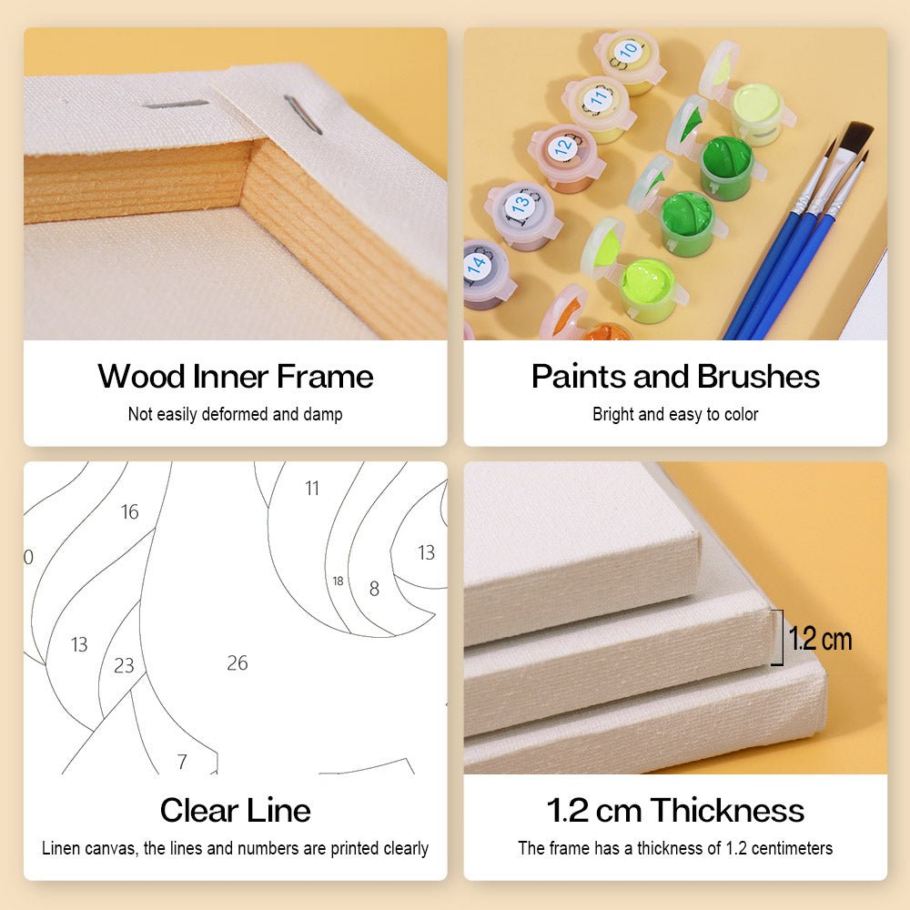 Wood inner frame, paints and brushes, clear lines, 1.2 cm thickness