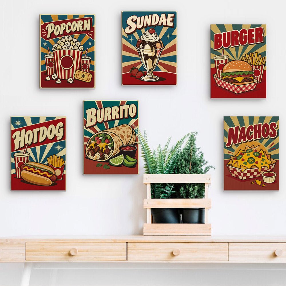 Retro Diner mini paintings displayed on a wall