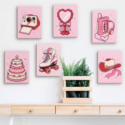 Retro Pink Dreams mini paintings displayed on a wall