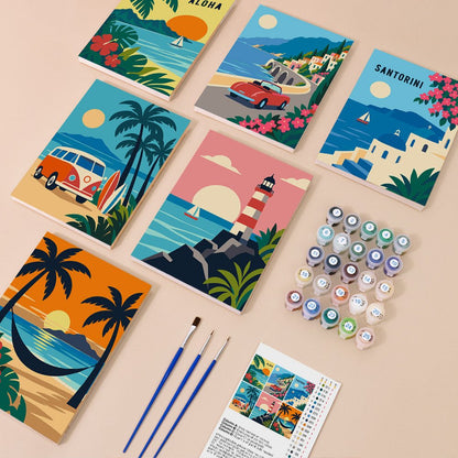 Everything in the Retro Travel Posters mini painting kit