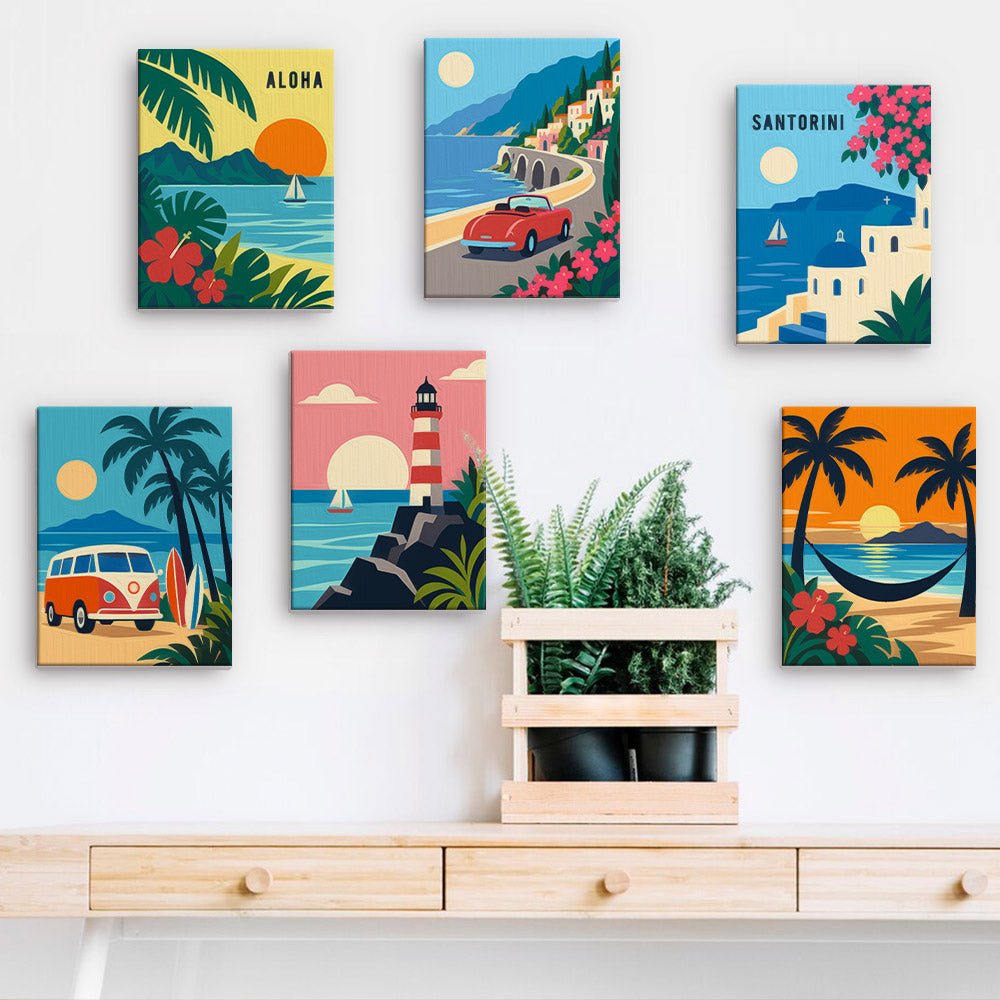 Retro Travel Posters mini paintings displayed on a wall