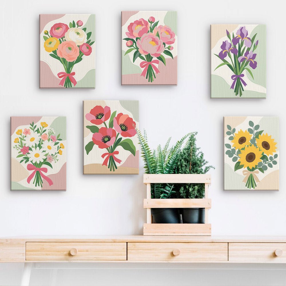 Ribbon Bouquets mini paintings displayed on a wall