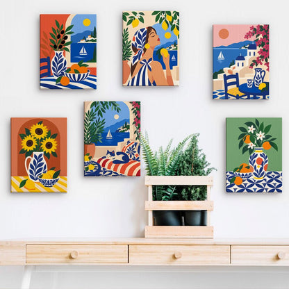Riviera Colors mini paintings displayed on a wall