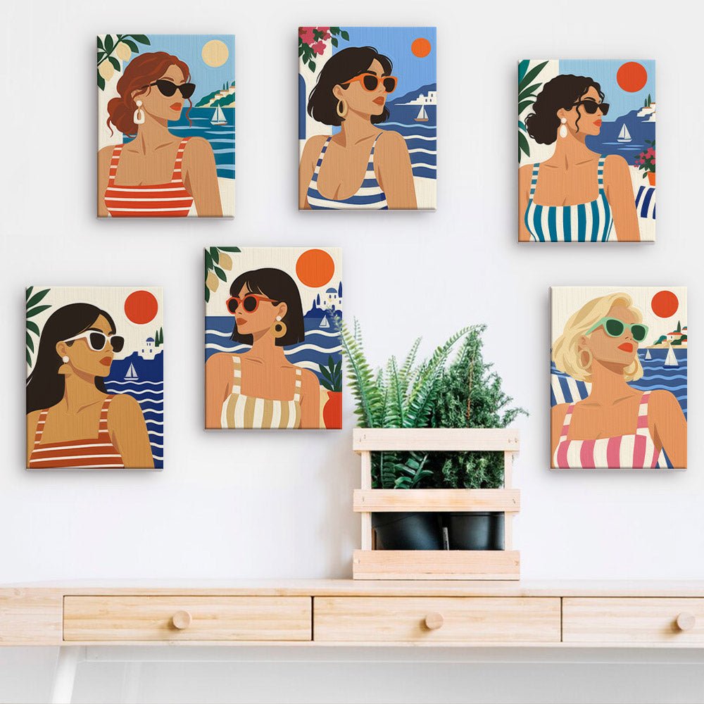 Riviera Girls mini paintings displayed on a wall