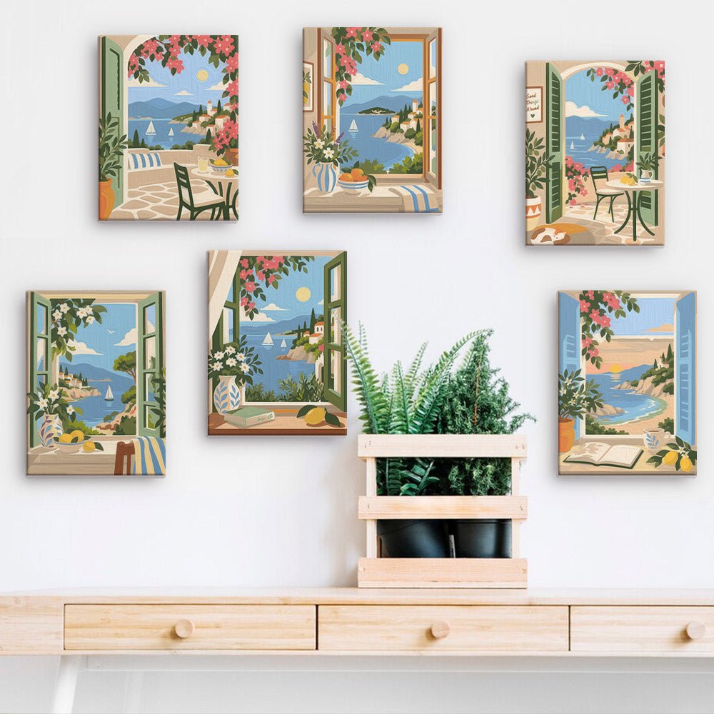 Riviera Windows mini paintings displayed on a wall