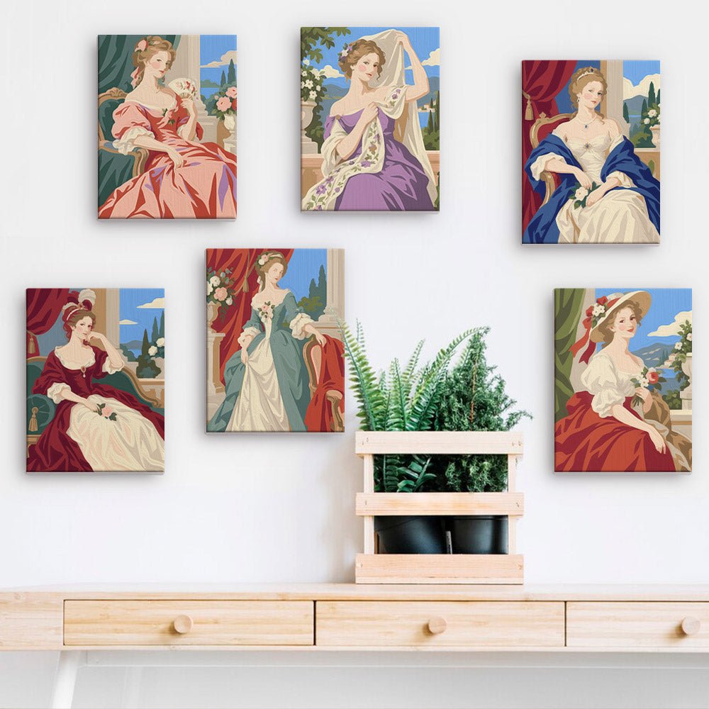 Rococo Portraits mini paintings displayed on a wall