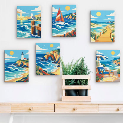 Rolling Waves mini paintings displayed on a wall