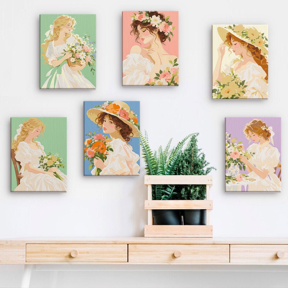 Romantic Garden Ladies mini paintings displayed on a wall