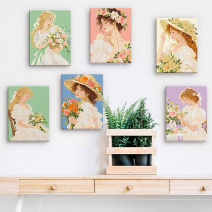 Romantic Garden Ladies mini paintings displayed on a wall