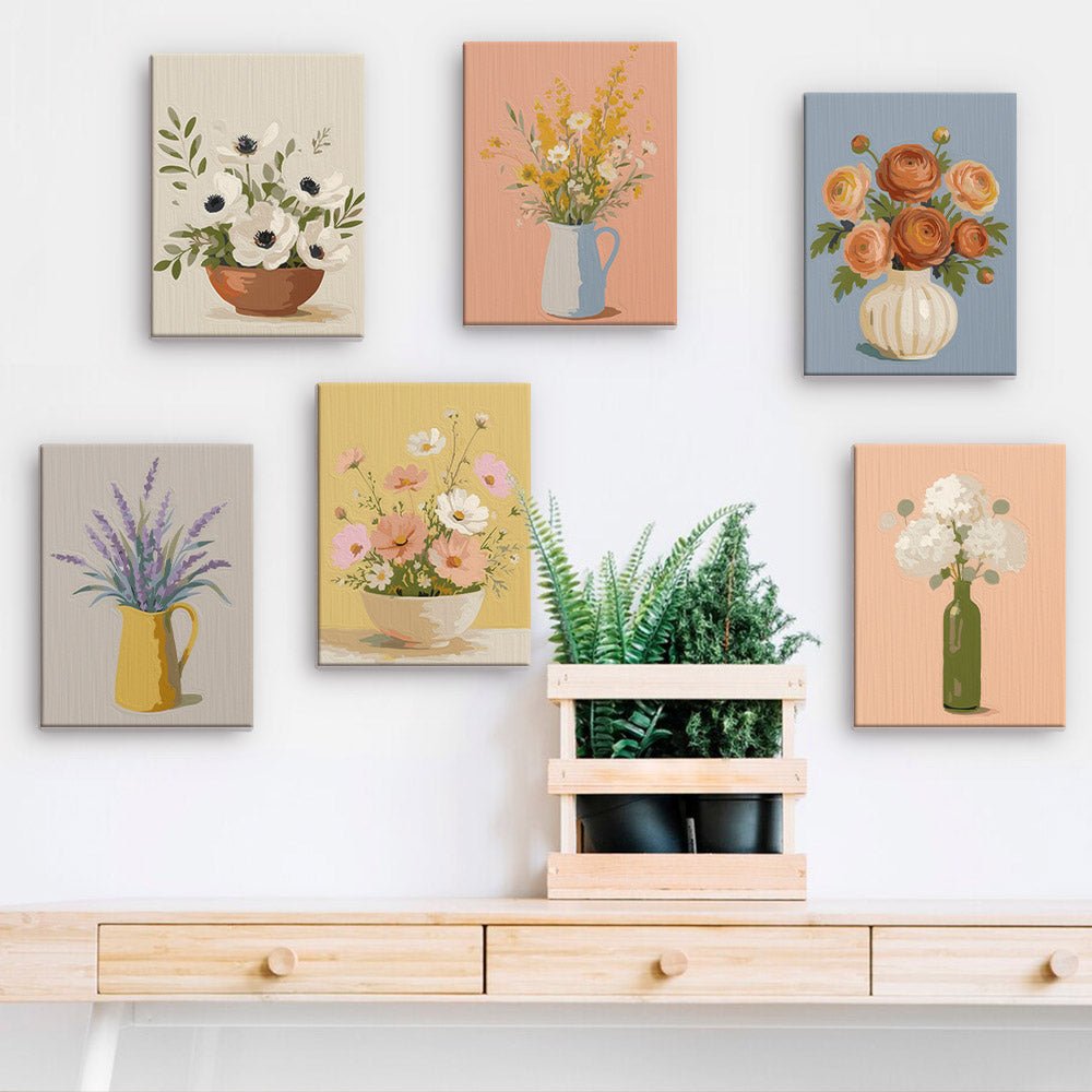 Rustic Flower Jars mini paintings displayed on a wall