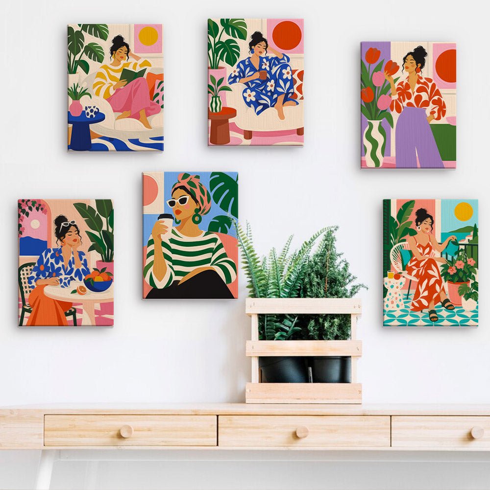 Slow Morning Ladies mini paintings displayed on a wall