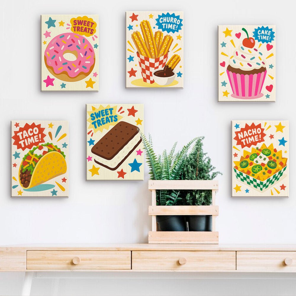 Snack Attack mini paintings displayed on a wall