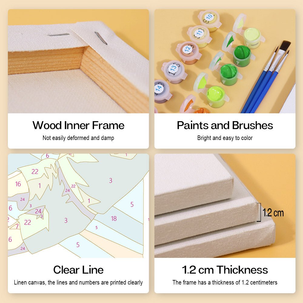 Wood inner frame, paints and brushes, clear lines, 1.2 cm thickness