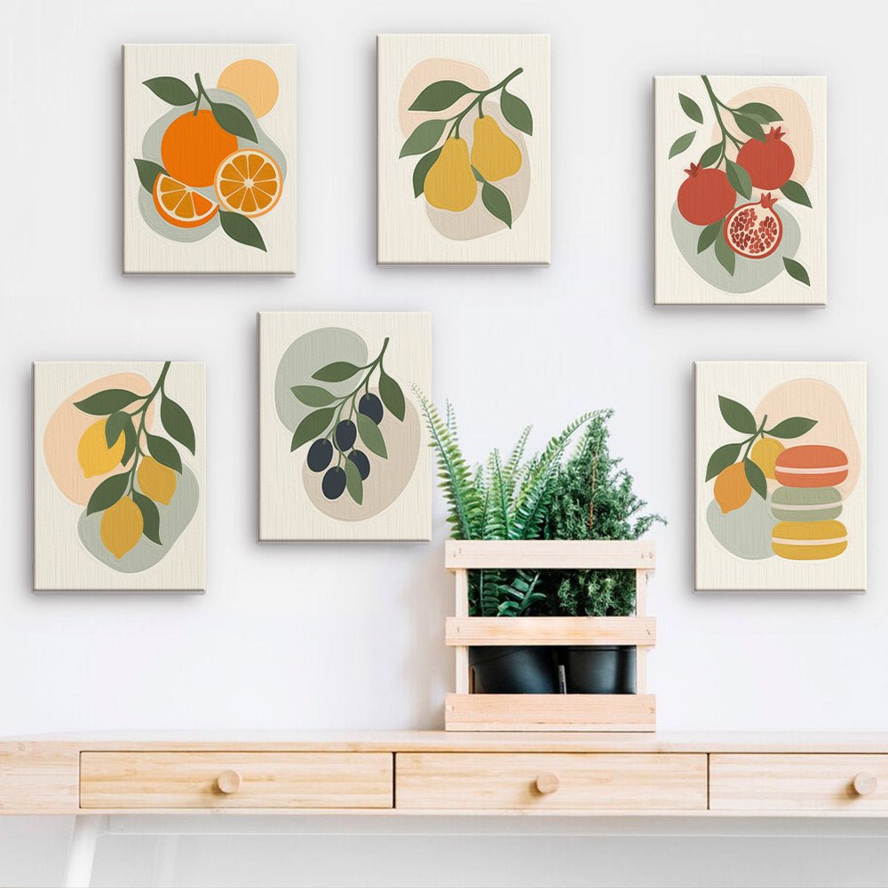Soft Fruit Studies mini paintings displayed on a wall