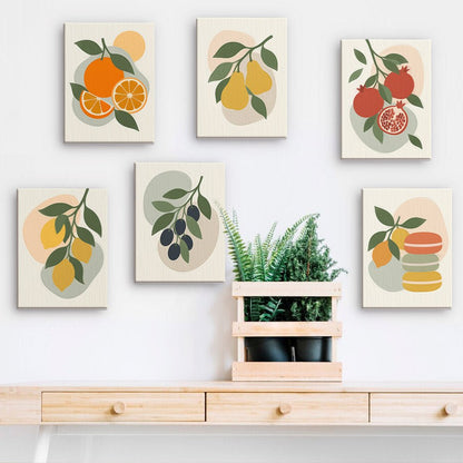 Soft Fruit Studies mini paintings displayed on a wall