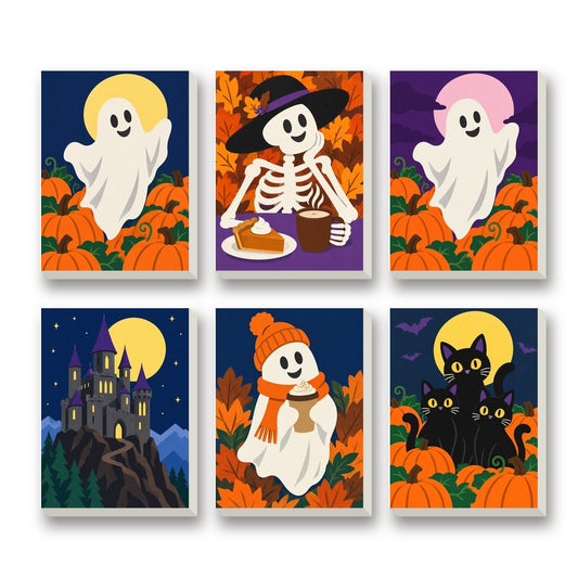 Spooky Pumpkin Patch – set of 6 mini paint by numbers canvases