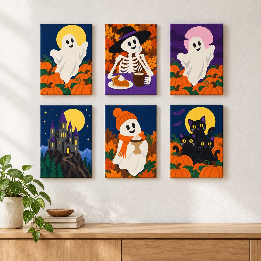 Spooky Pumpkin Patch mini paintings displayed on a wall