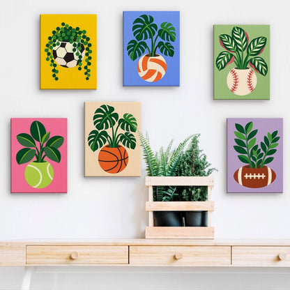 Sporty Plant Pots mini paintings displayed on a wall