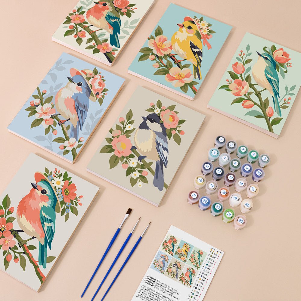 Everything in the Spring Songbirds mini painting kit