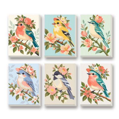 Spring Songbirds – set of 6 mini paint by numbers canvases