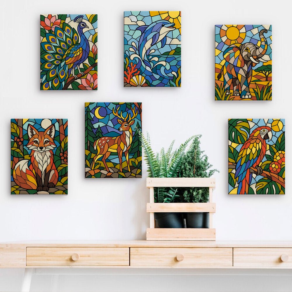 Stained Glass Animals mini paintings displayed on a wall