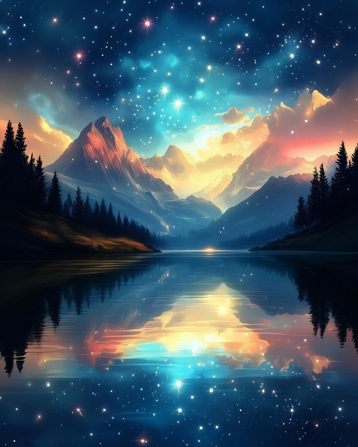 Starry Mountain Reflections - Galaxies - Judy Paint